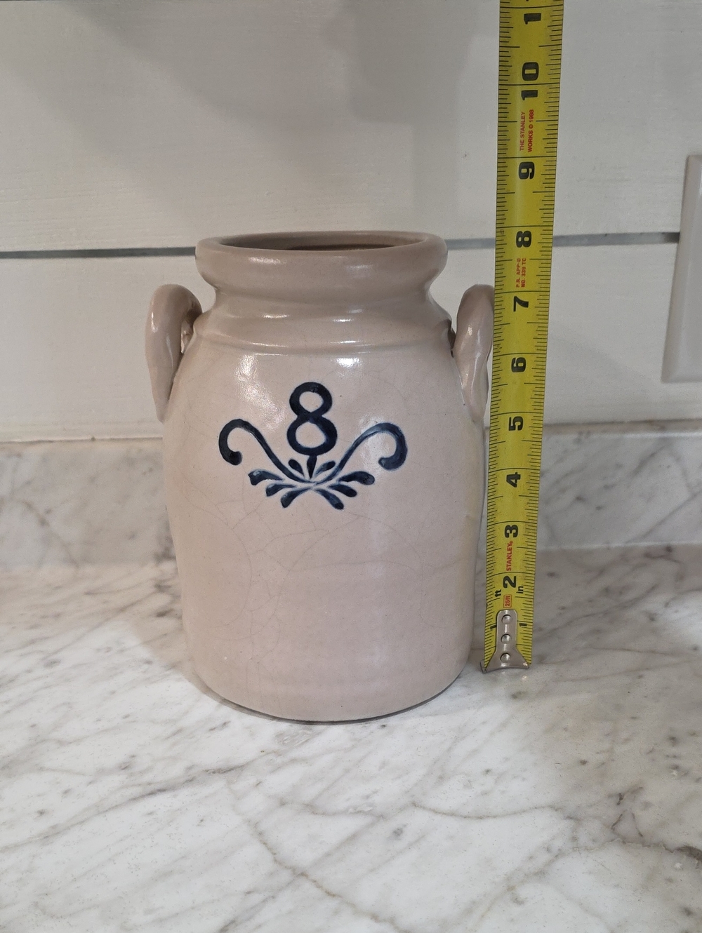 Stoneware Crock Vase with Blue Number 8 Motif